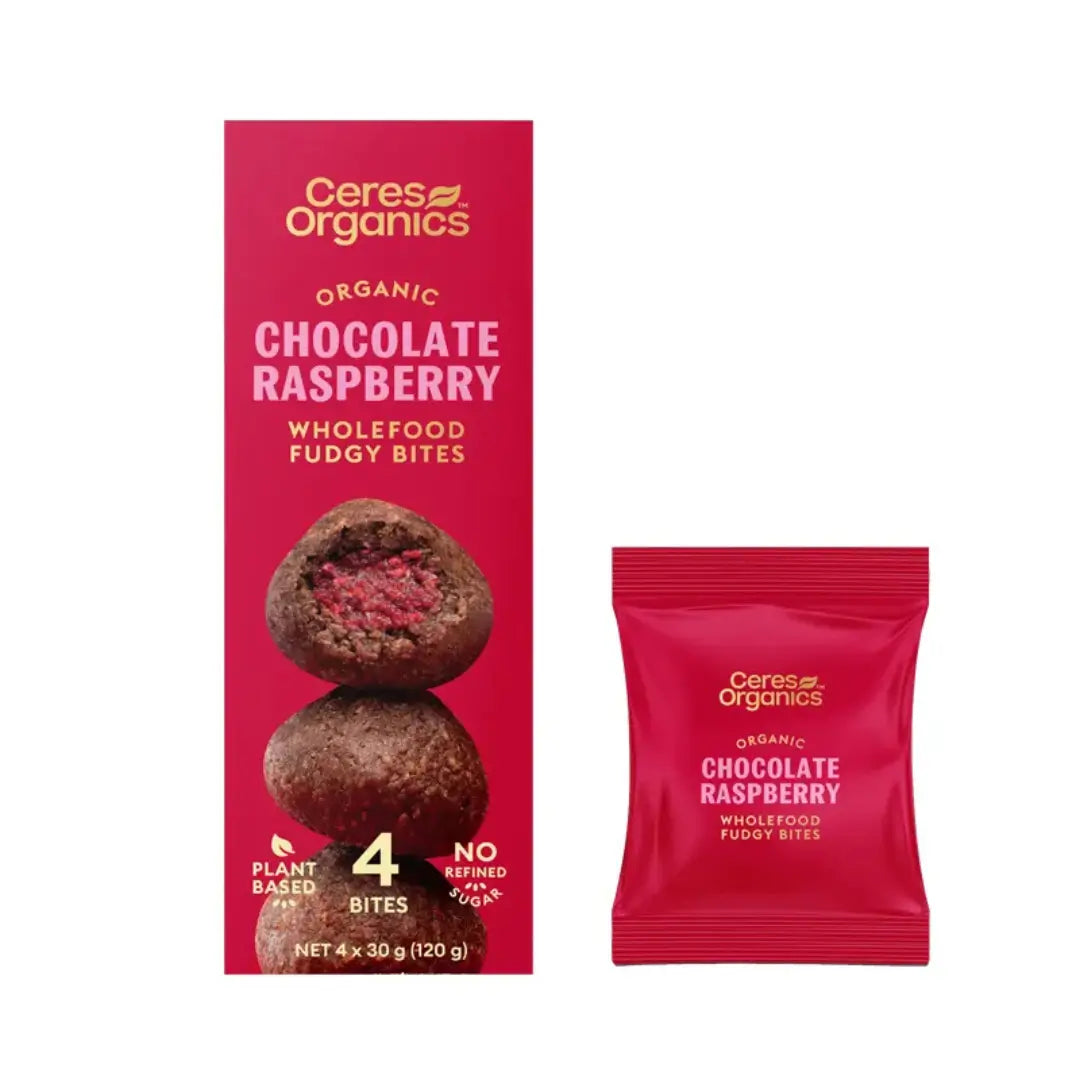 Organic Wholefood Fudgy Bites, Chocolate Raspberry packs