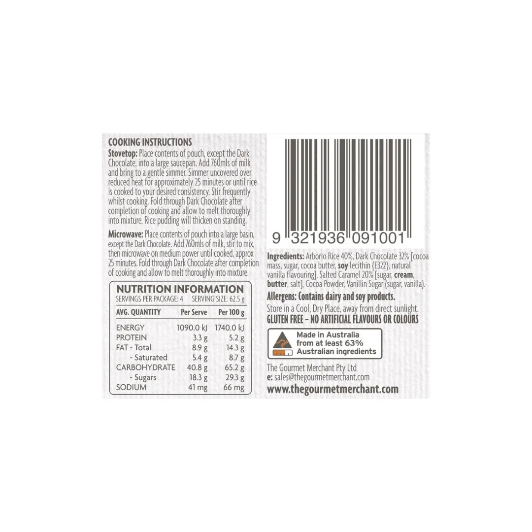The Gourmet Merchant Chocolate Rice Pudding Mix with Salted Caramel back