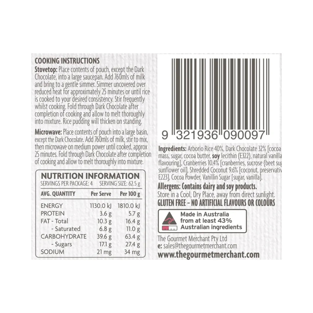 The Gourmet Merchant Chocolate Rice Pudding Mix with Toasted Coconut & Cranberry