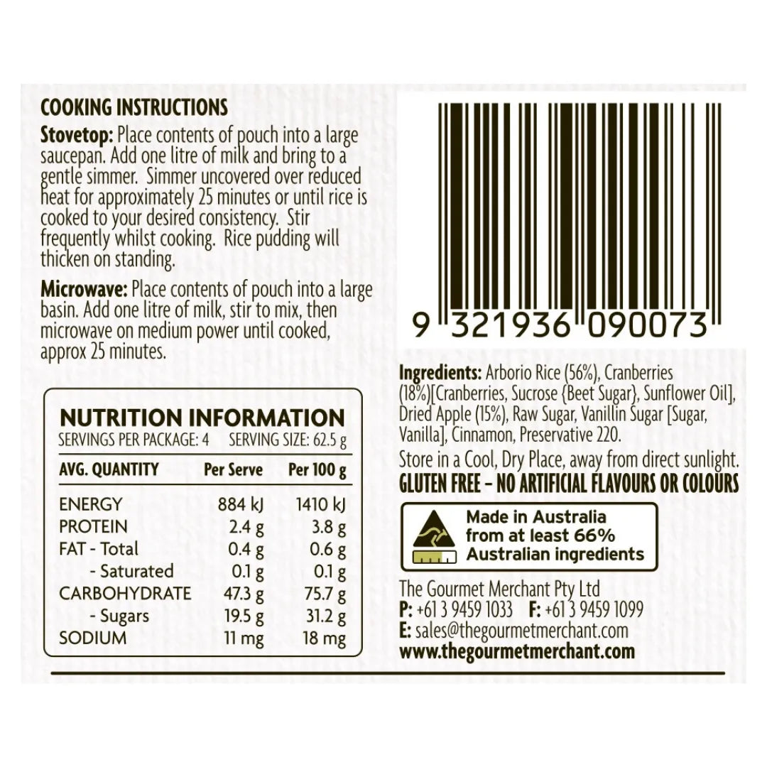 The Gourmet Merchant Rice Pudding Mix with Cranberry, Apple & Cinnamon back