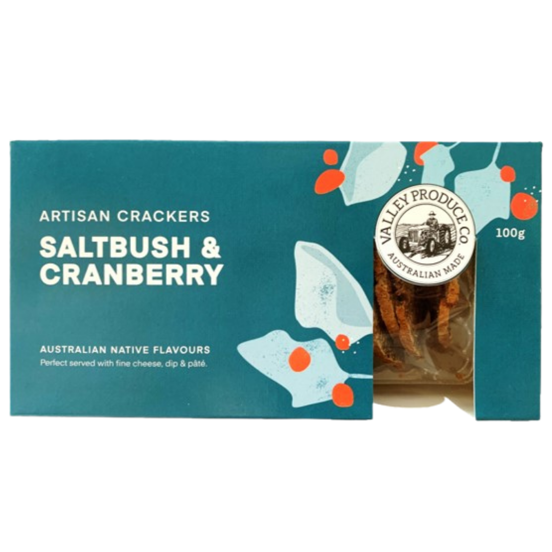 VALLEY PRODUCE CO ARTISAN CRACKERS SALTBUSH AND CRANBERRY 100G