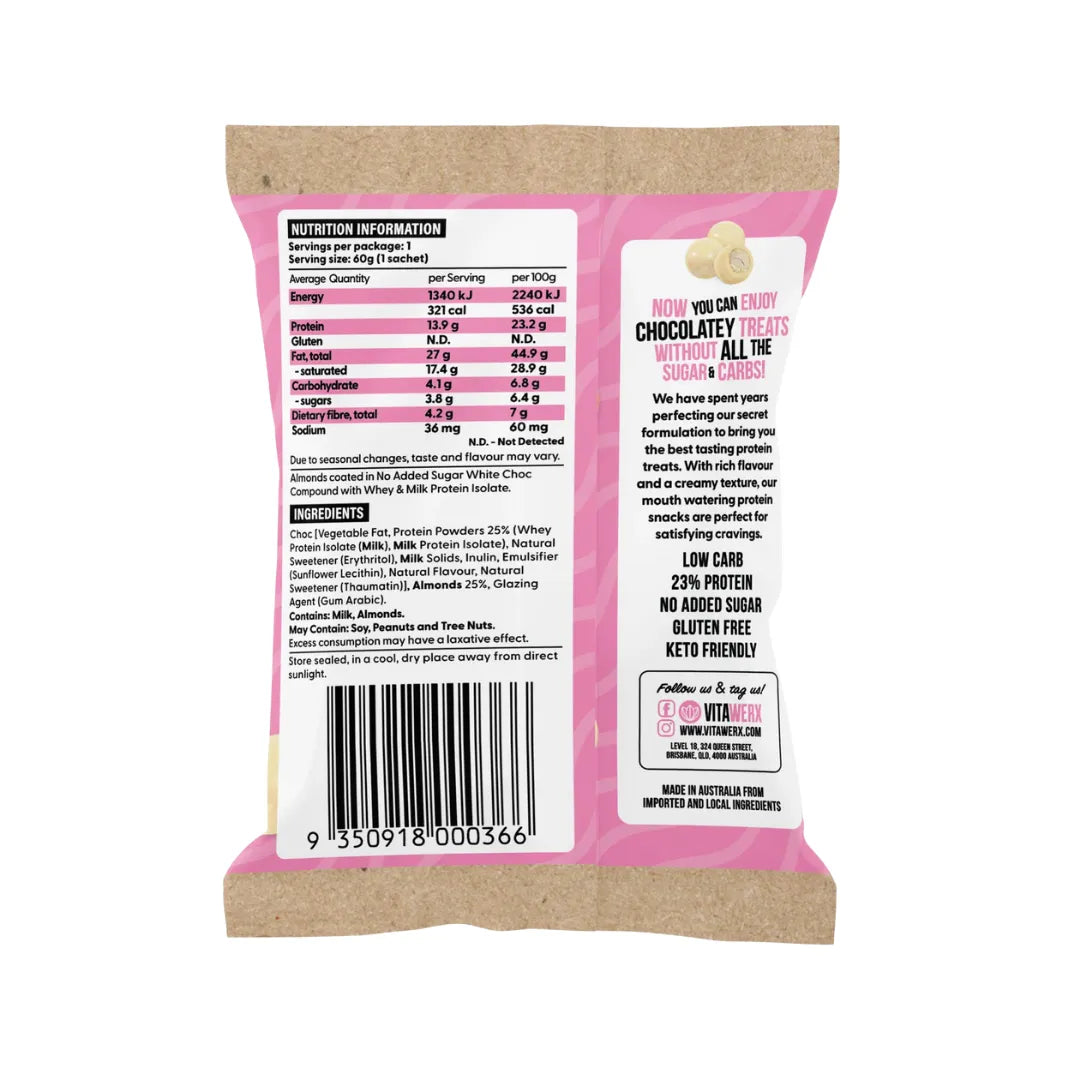 Vitawerx Protein White Choc Coated Almonds 60g back
