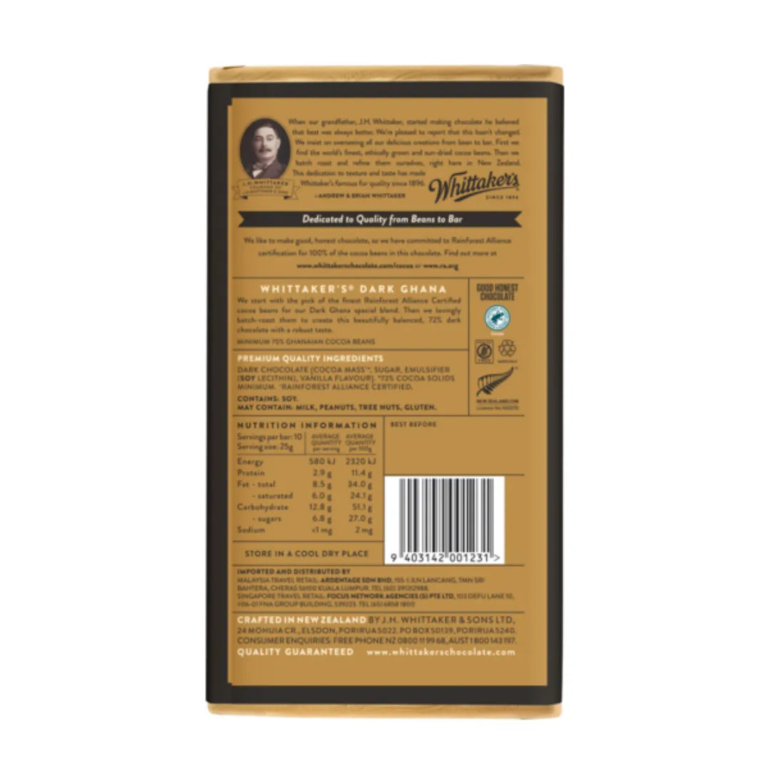 WHITTAKERS BLOCK CHOC 72% DARK GHANA back