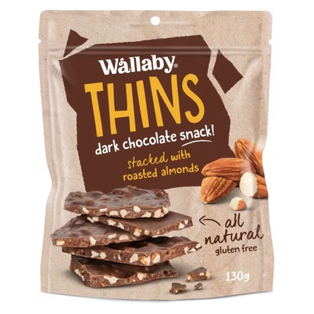 Wallaby Thins Dark Chocolate Snack with Roasted Almonds G/F 130g