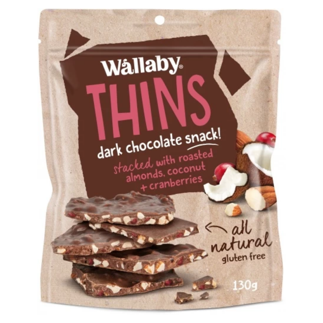 Wallaby Thins Dark Chocolate Snack with Roasted Almonds,Coconut & Cranberries G/F 130g