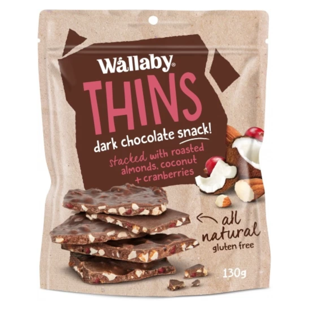 Wallaby Thins Dark Chocolate with Almonds, Coconut & Cranberries 130g