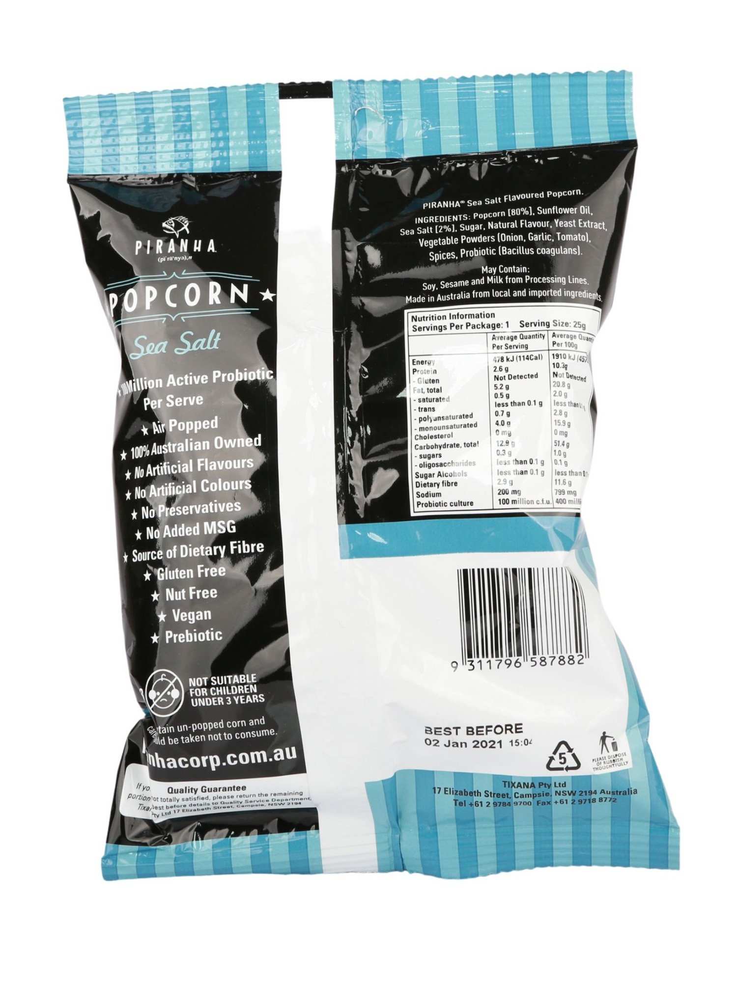 Piranha Sea Salt Popcorn 25g - Healthy Essentials Australia - health food store - health food stores - health food store near me - organic food store - health food store near me
