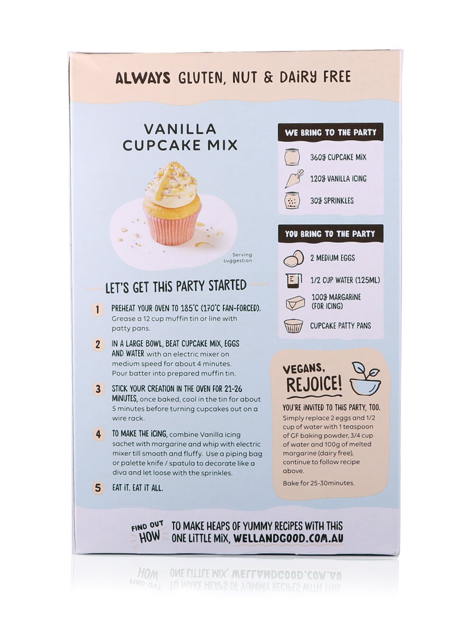 Well & Good Vanilla Cup Cake Mix + Frosting & Sprinkles 510g