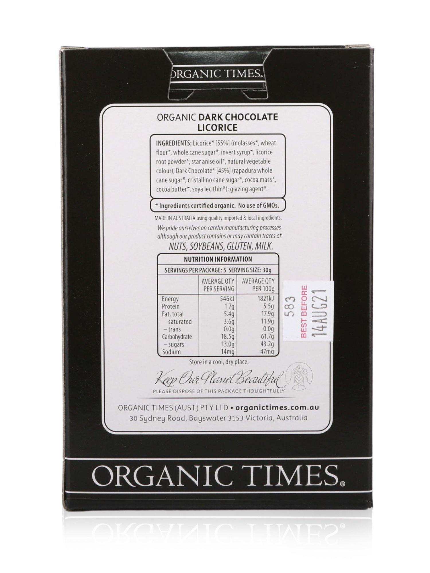 Organic Times Dark Chocolate Licorice 150g - Healthy Essentials Australia - health food store - health food stores - health food store near me - organic food store - health food store near me