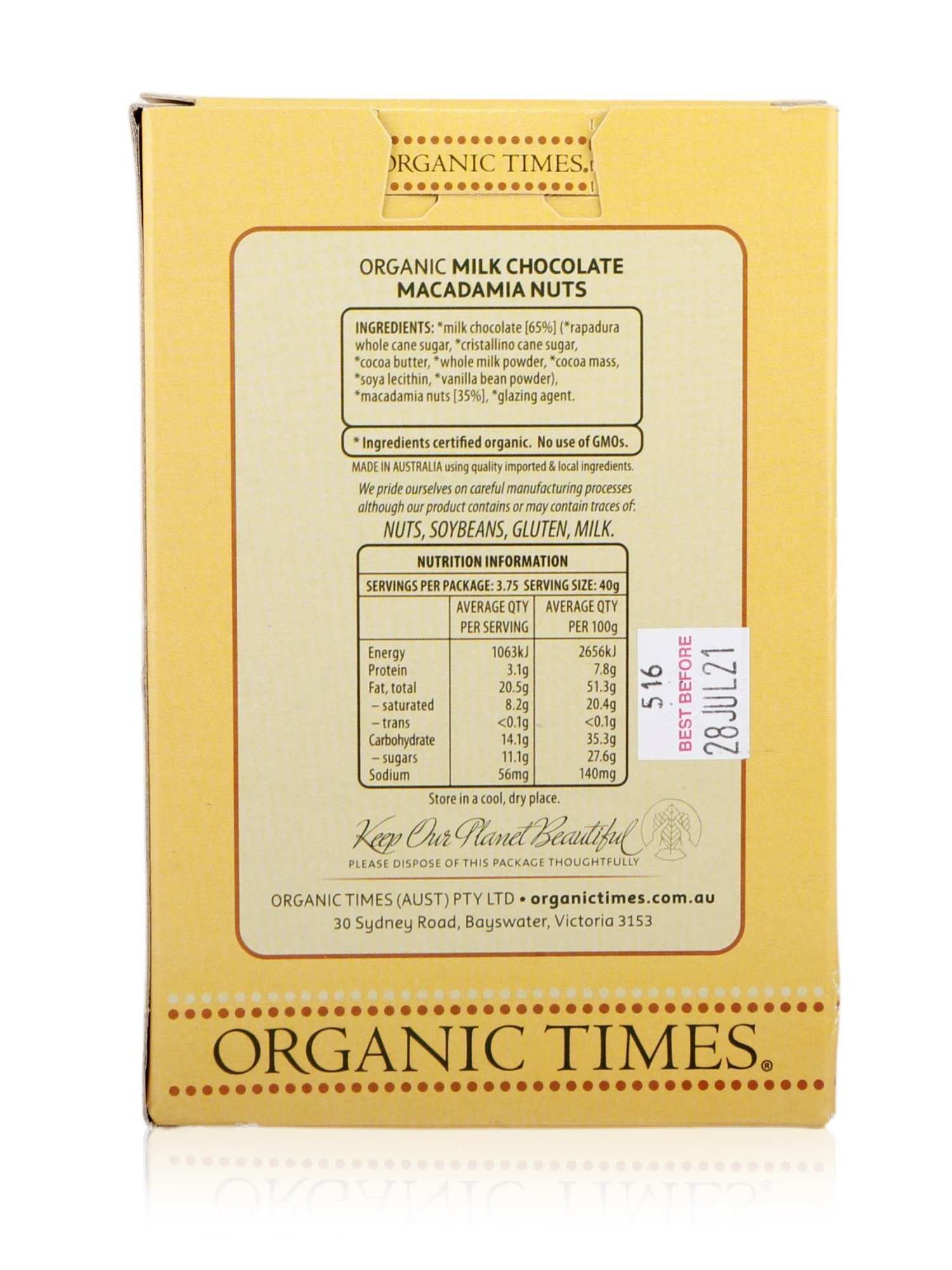 Organic Times Milk Chocolate Macadamia Nuts 150g - Healthy Essentials Australia - health food store - health food stores - health food store near me - organic food store - health food store near me