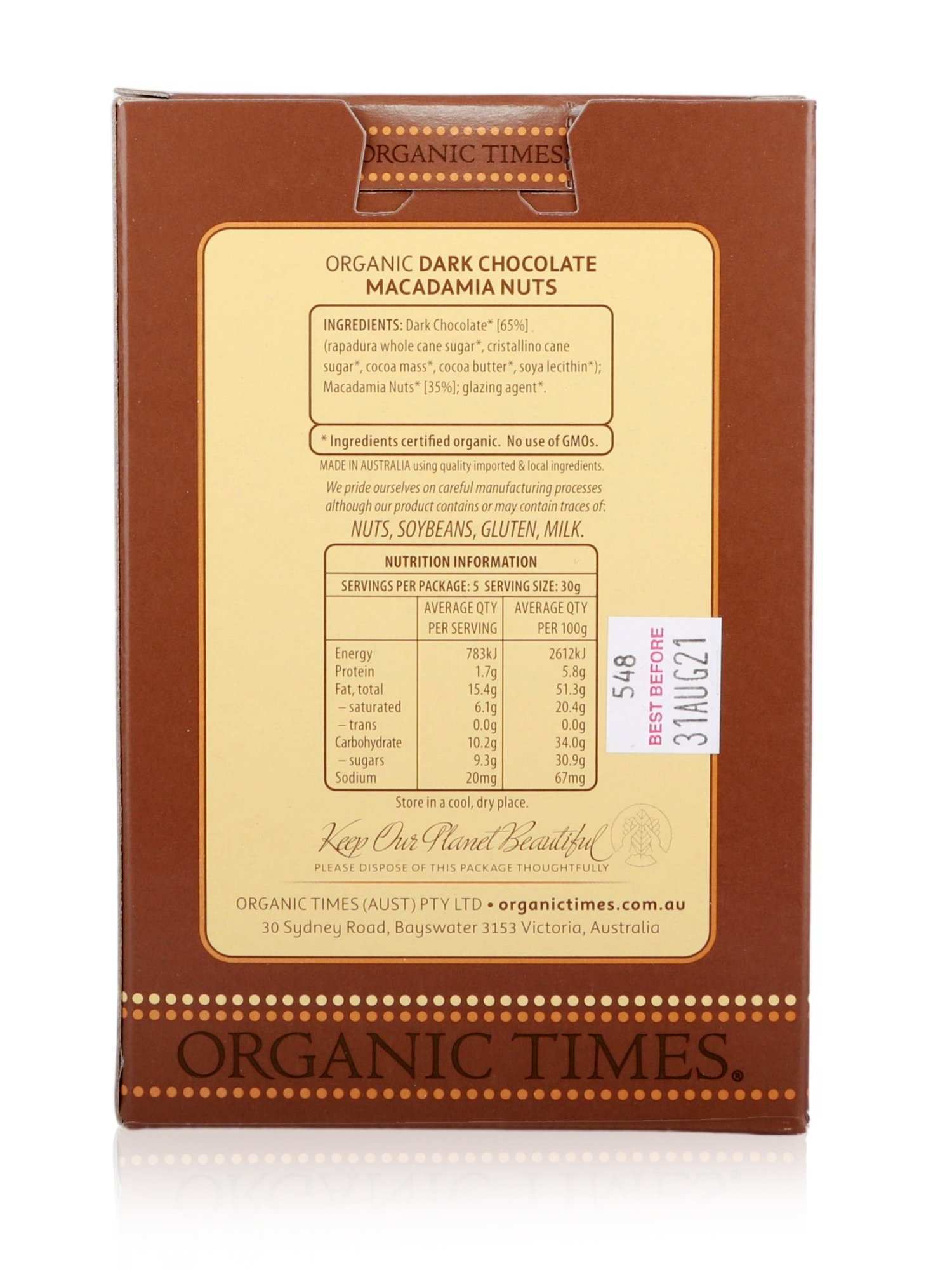 Organic Times Dark Chocolate Macadamia Nuts 150g - Healthy Essentials Australia - health food store - health food stores - health food store near me - organic food store - health food store near me