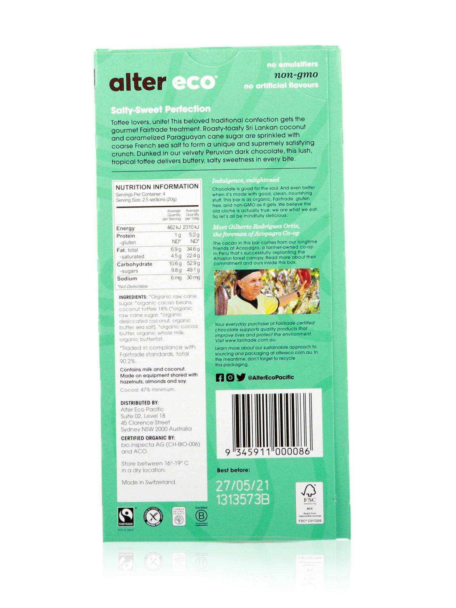 Alter Eco Organic Chocolate Dark Salted Coconut Toffee 80g - Healthy Essentials Australia - health food store - health food stores - health food store near me - organic food store - health food store near me