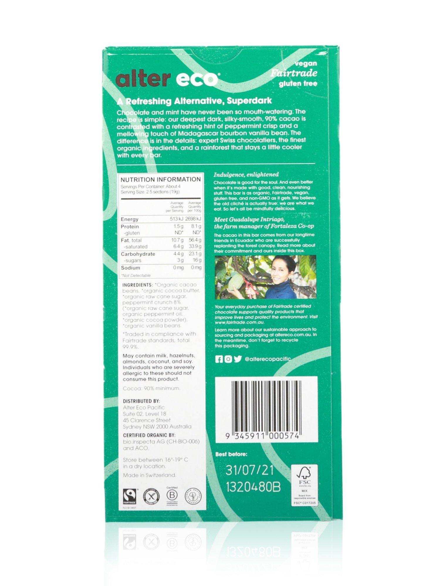 Alter Eco Organic Chocolate Superdark Crisp Mint 75g - Healthy Essentials Australia - health food store - health food stores - health food store near me - organic food store - health food store near me