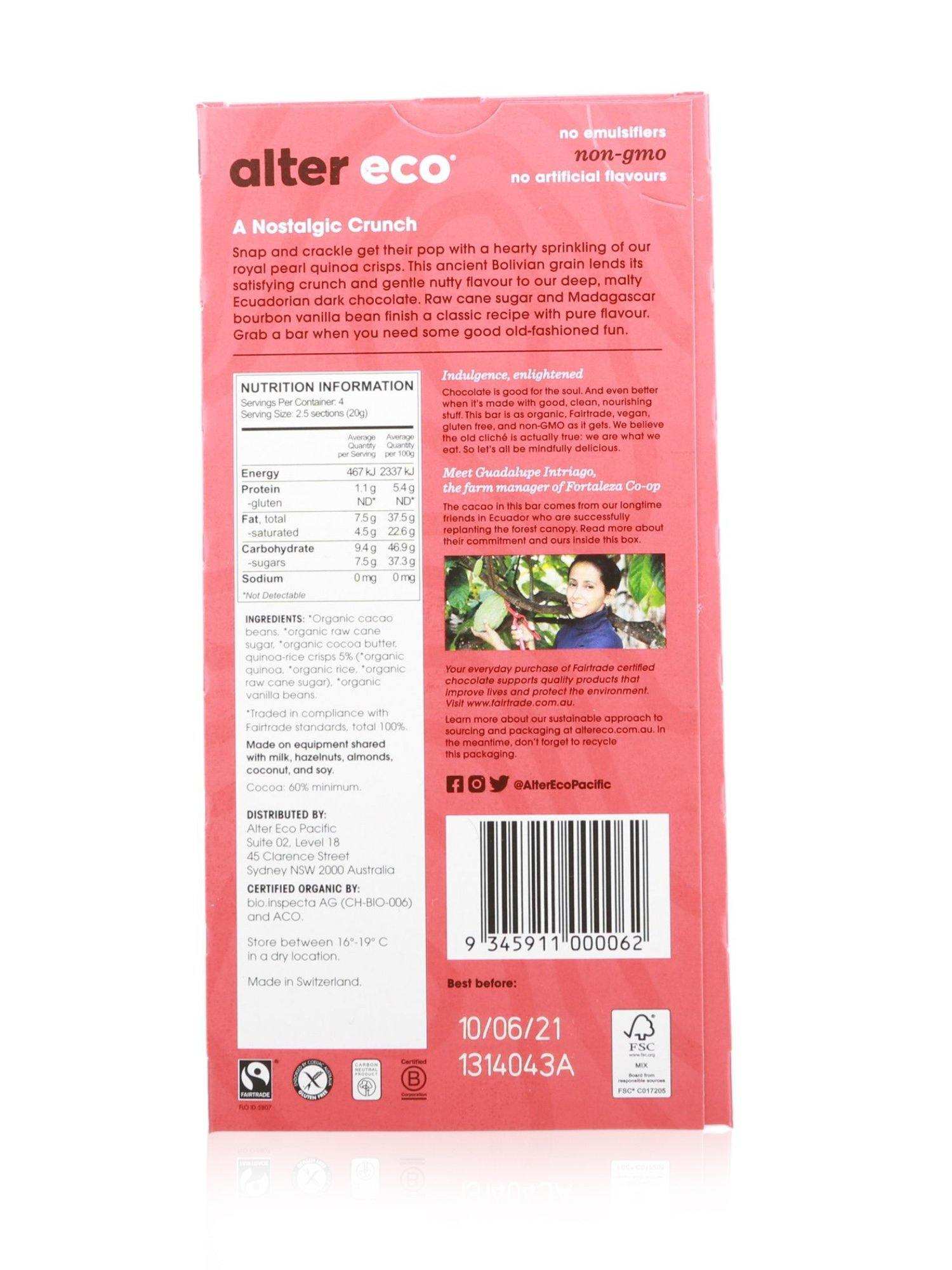 Alter Eco Organic Chocolate Deep Dark Quinoa Crunch 80g - Healthy Essentials Australia - health food store - health food stores - health food store near me - organic food store - health food store near me