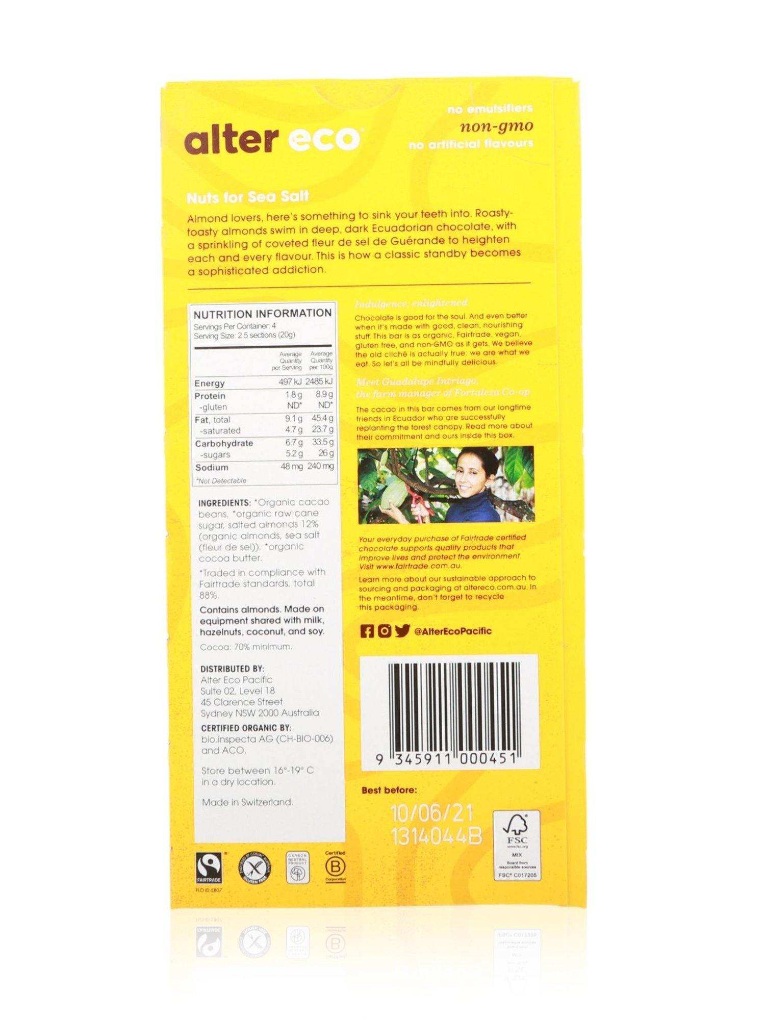 Alter Eco Organic Chocolate Deep Dark Salted Almonds 80g - Healthy Essentials Australia - health food store - health food stores - health food store near me - organic food store - health food store near me